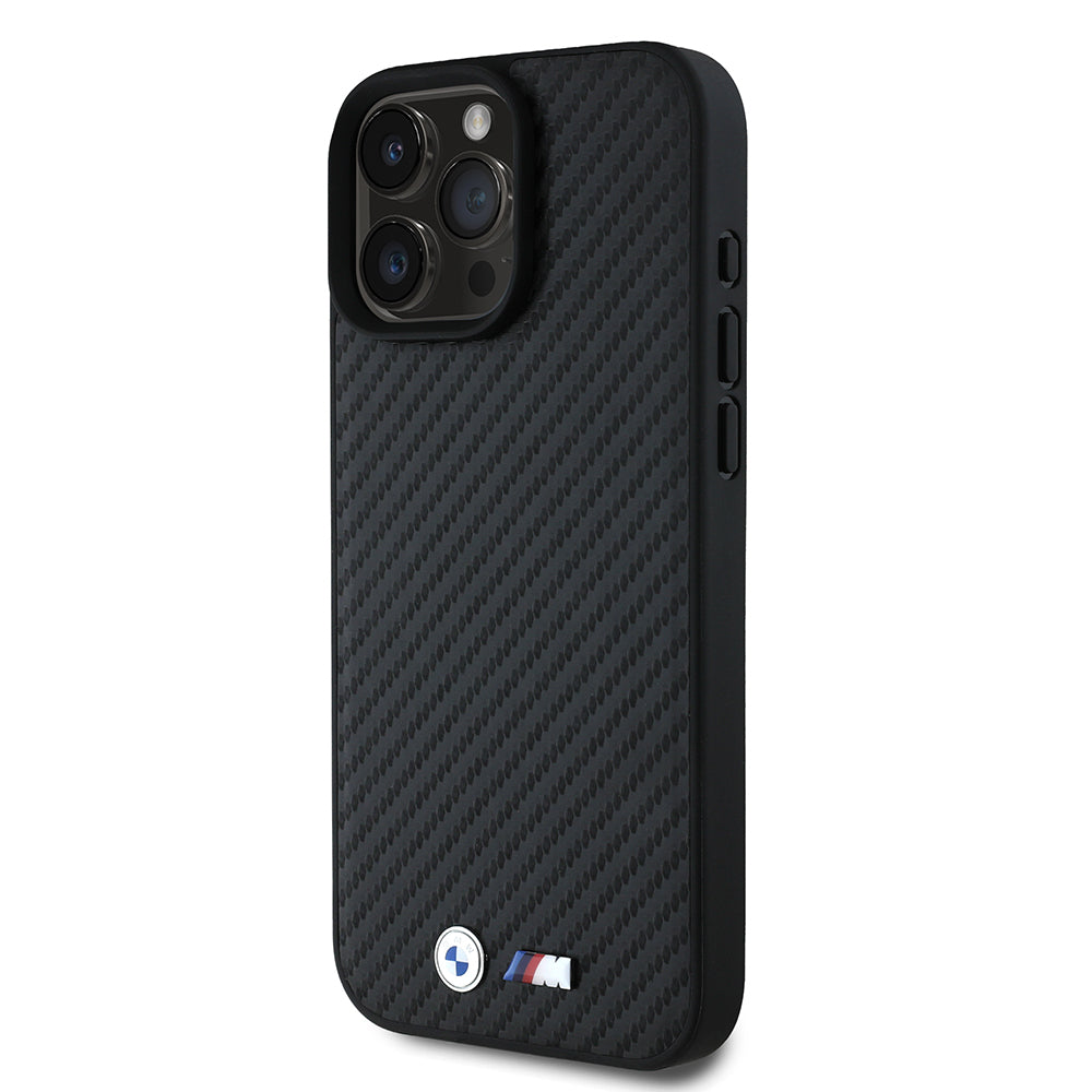 BMW iPhone 16 Pro Max Orjinal Lisanslı Karbon Fiber Tasarımlı ve Metal Logolu PU Deri Telefon Kılıfı