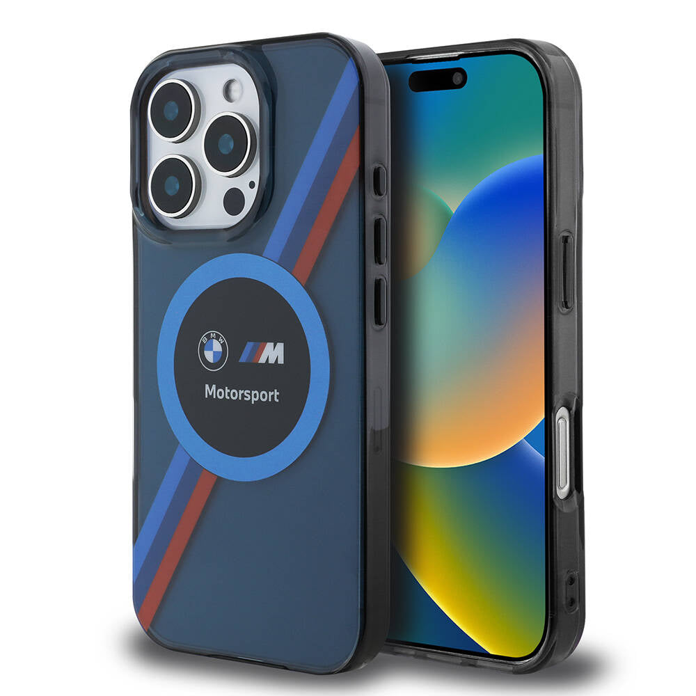 BMW iPhone 16 Pro Max Orjinal Lisanslı Magsafe Şarj Özellikli M Logolu Üç Renk Çizgili Motorsport Circle Telefon Kılıfı-1