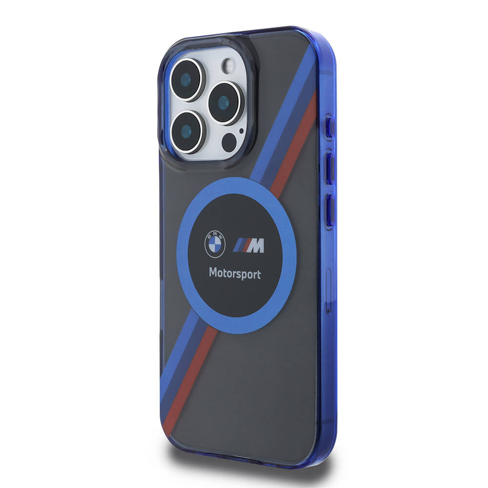 BMW iPhone 16 Pro Max Orjinal Lisanslı Magsafe Şarj Özellikli M Logolu Üç Renk Çizgili Motorsport Circle Telefon Kılıfı