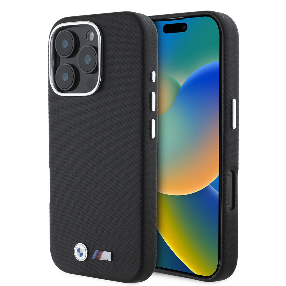 BMW iPhone 16 Pro Max Orjinal Lisanslı Tam Sarılmış Kevlar Tasarımlı Metal Logo Suni Deri Telefon Kılıfı-1