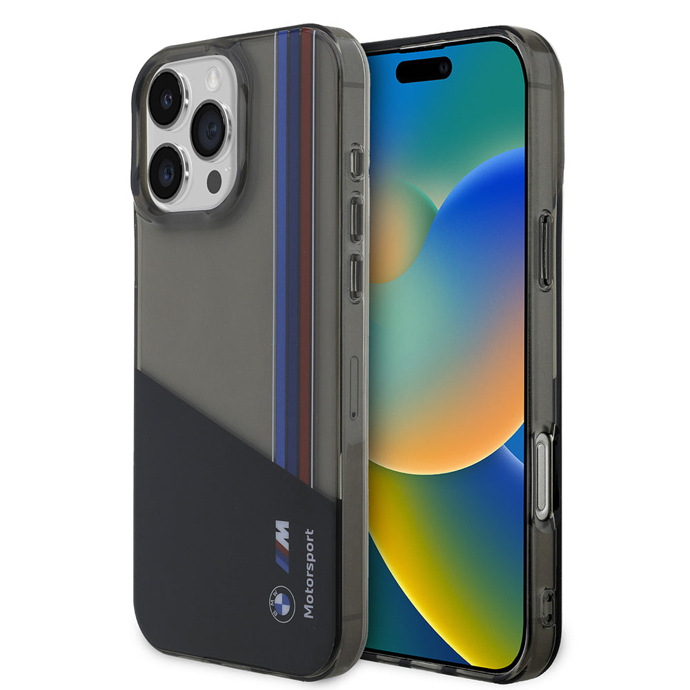 BMW iPhone 16 Pro Max Orjinal Lisanslı Yarı Transparan M Dizayn Çizgili Telefon Kılıfı