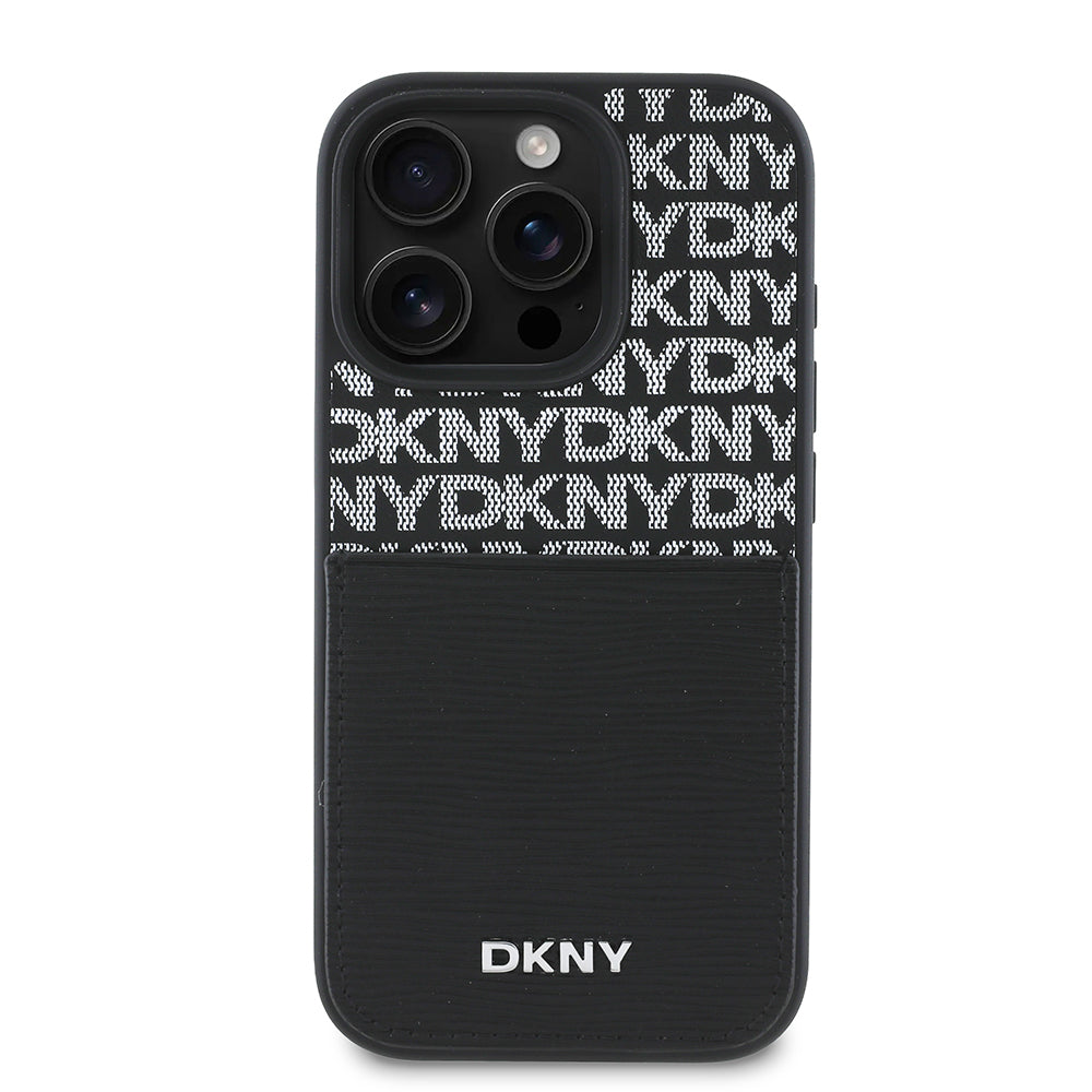 DKNY iPhone 16 Pro Max Orjinal Lisanslı Kartlıklı 3D Yazılı Repeat Texture Pattern Kılıf