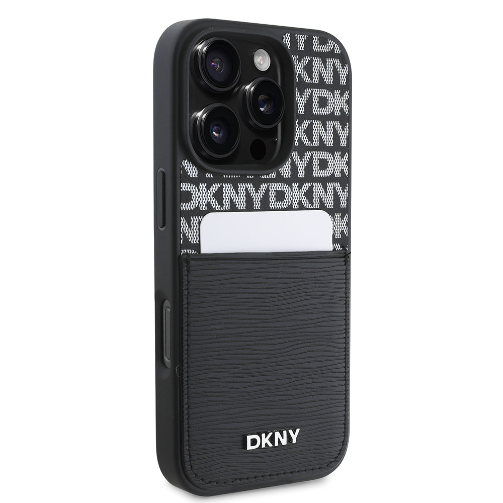 DKNY iPhone 16 Pro Max Orjinal Lisanslı Kartlıklı 3D Yazılı Repeat Texture Pattern Kılıf