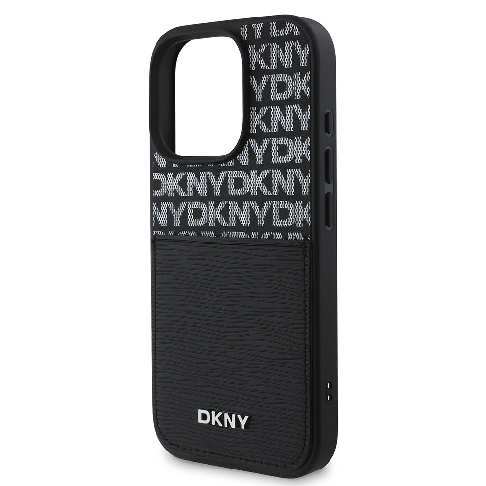 DKNY iPhone 16 Pro Max Orjinal Lisanslı Kartlıklı 3D Yazılı Repeat Texture Pattern Kılıf