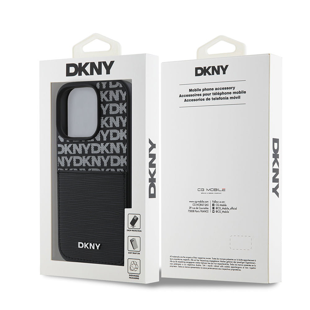 DKNY iPhone 16 Pro Max Orjinal Lisanslı Kartlıklı 3D Yazılı Repeat Texture Pattern Kılıf