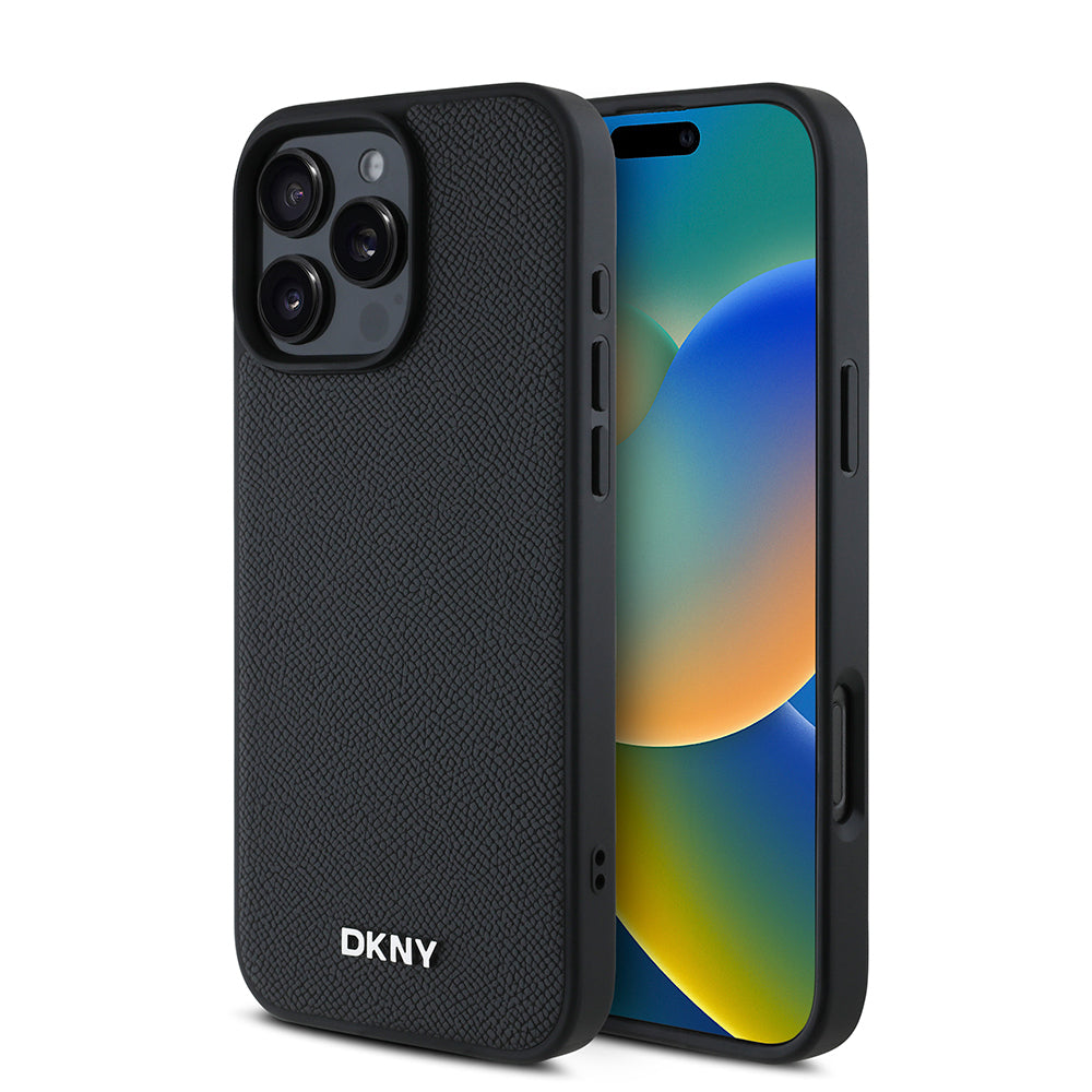 DKNY iPhone 16 Pro Max Orjinal Lisanslı M-safe Şarj Özellikli Metal Logolu PU Deri Grained Kılıf