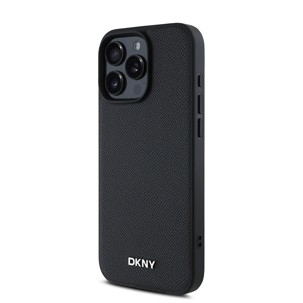 DKNY iPhone 16 Pro Max Orjinal Lisanslı M-safe Şarj Özellikli Metal Logolu PU Deri Grained Kılıf