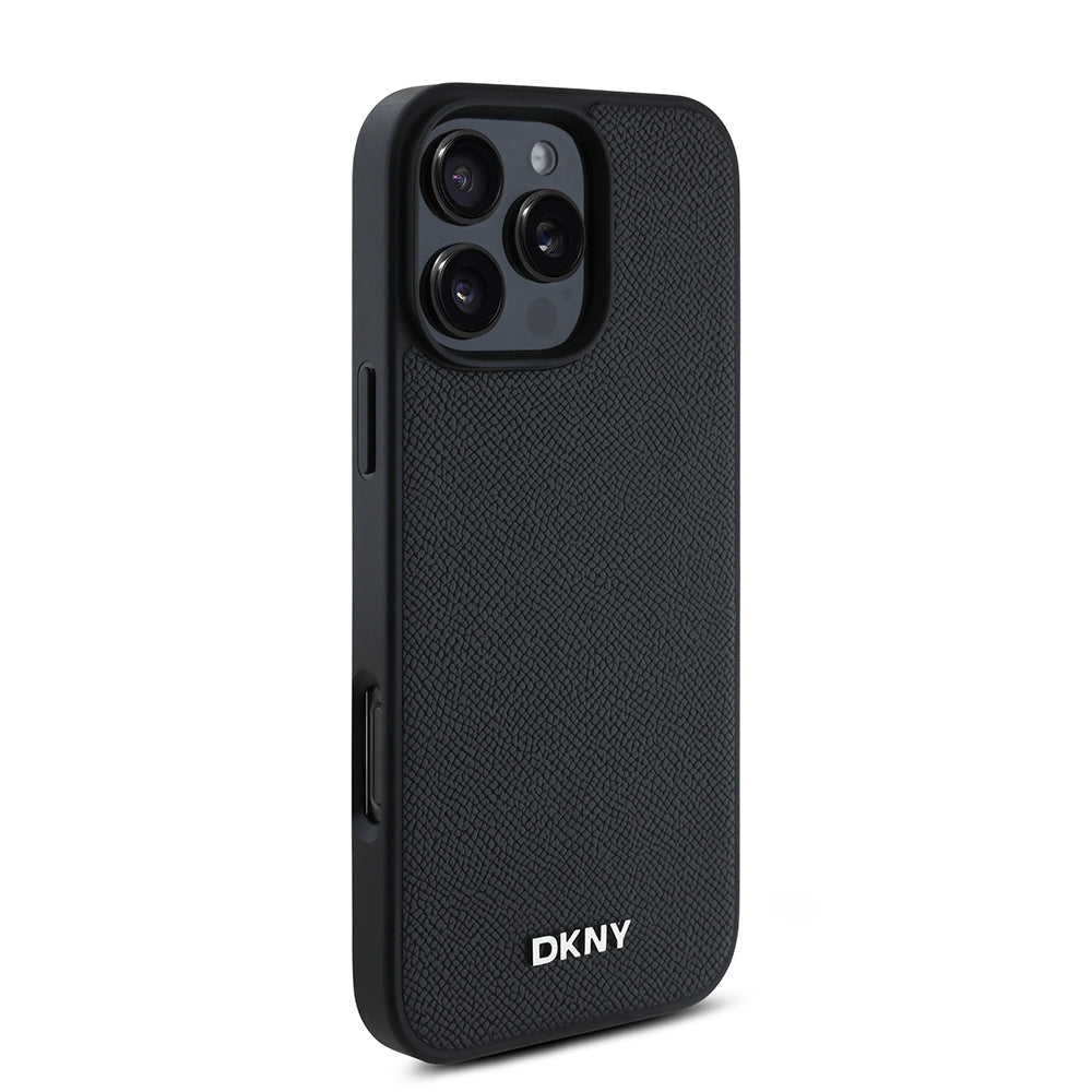 DKNY iPhone 16 Pro Max Orjinal Lisanslı M-safe Şarj Özellikli Metal Logolu PU Deri Grained Kılıf