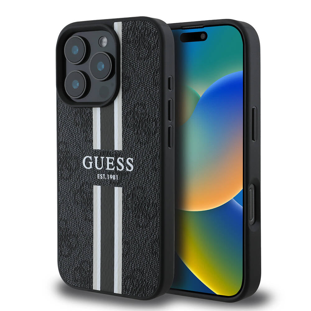 Guess iPhone 16 Pro Max Orjinal Lisanslı Magsafe Şarj Özellikli 4G Şerit Tasarımlı Printed Telefon Kılıfı