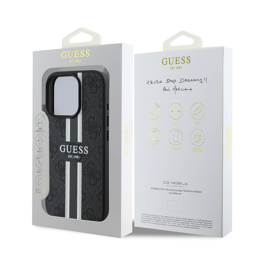 Guess iPhone 16 Pro Max Orjinal Lisanslı Magsafe Şarj Özellikli 4G Şerit Tasarımlı Printed Telefon Kılıfı