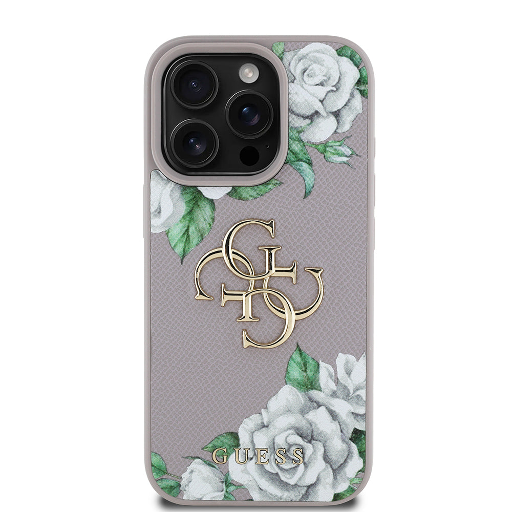 Guess iPhone 16 Pro Max Orjinal Lisanslı Gül Baskılı Büyük Metal Logo Dizaynlı Kılıf
