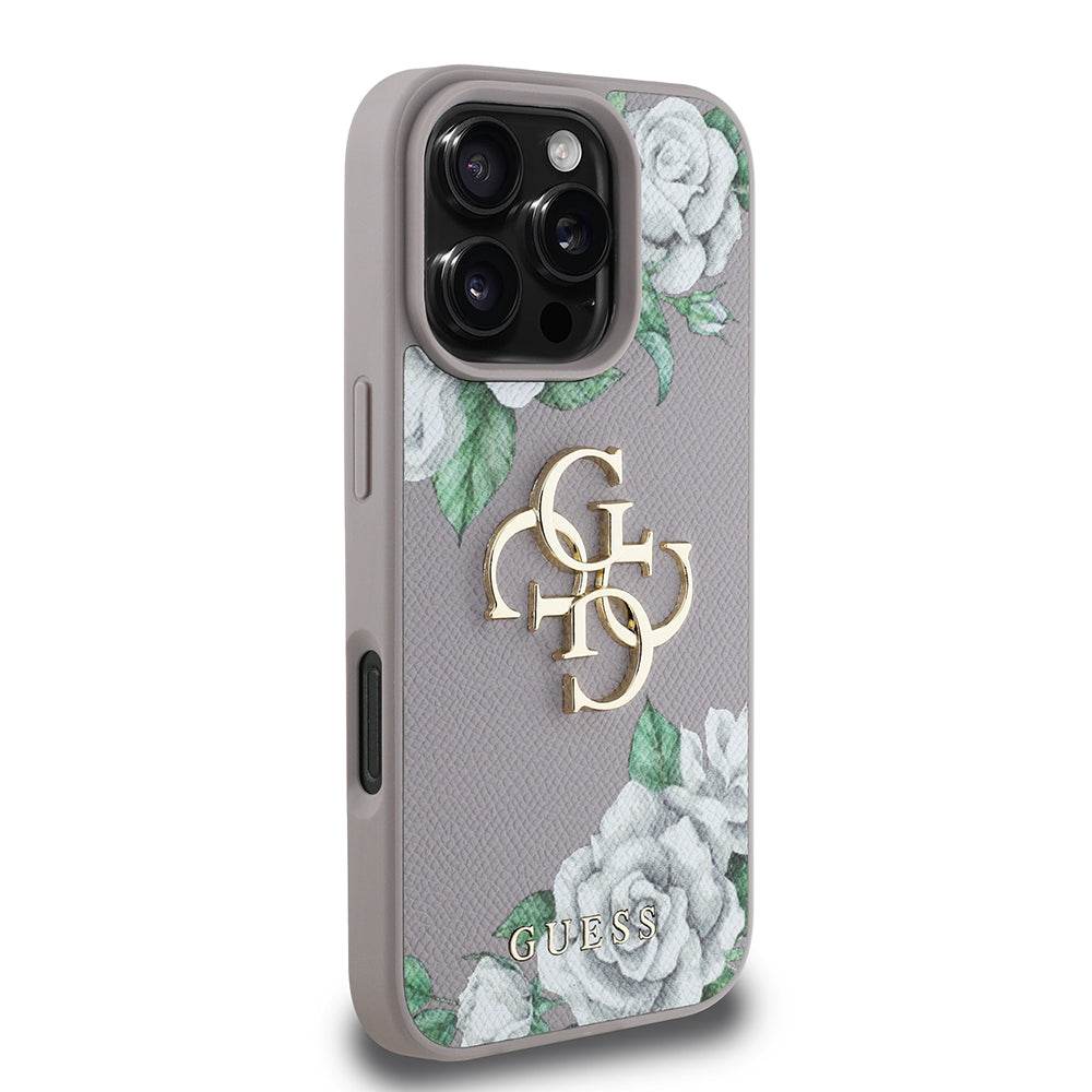 Guess iPhone 16 Pro Max Orjinal Lisanslı Gül Baskılı Büyük Metal Logo Dizaynlı Kılıf
