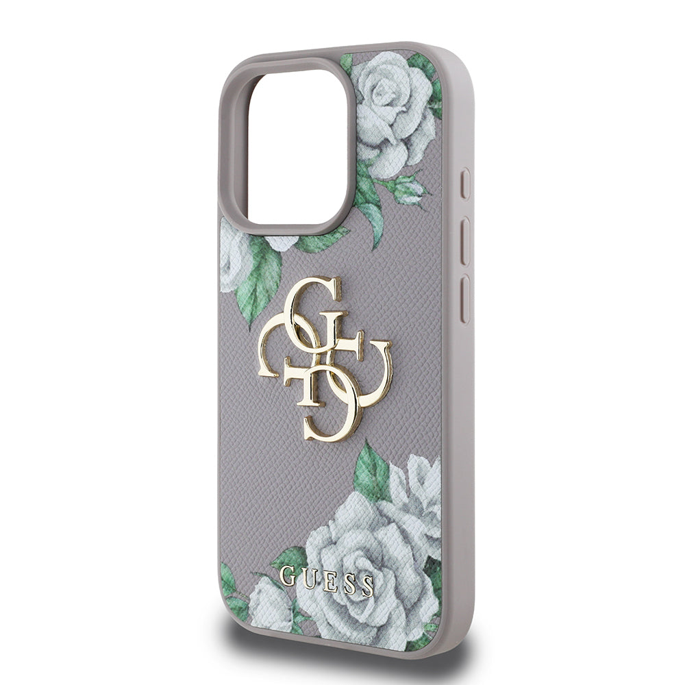Guess iPhone 16 Pro Max Orjinal Lisanslı Gül Baskılı Büyük Metal Logo Dizaynlı Kılıf