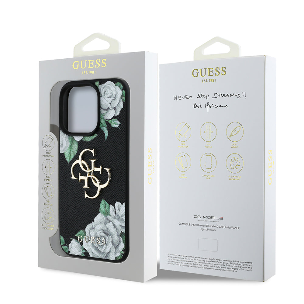 Guess iPhone 16 Pro Max Orjinal Lisanslı Gül Baskılı Büyük Metal Logo Dizaynlı Kılıf