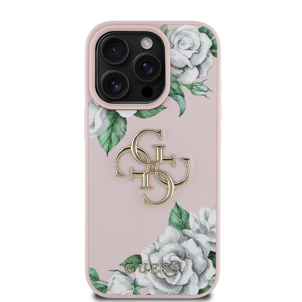 Guess iPhone 16 Pro Max Orjinal Lisanslı Gül Baskılı Büyük Metal Logo Dizaynlı Kılıf