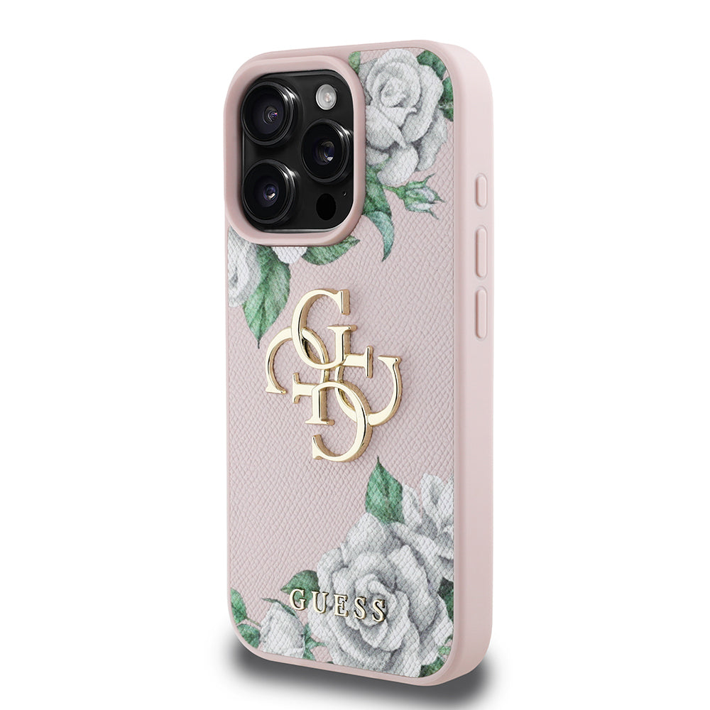 Guess iPhone 16 Pro Max Orjinal Lisanslı Gül Baskılı Büyük Metal Logo Dizaynlı Kılıf
