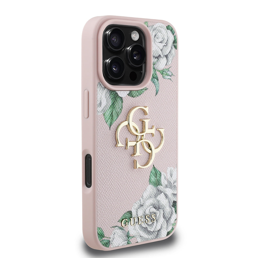 Guess iPhone 16 Pro Max Orjinal Lisanslı Gül Baskılı Büyük Metal Logo Dizaynlı Kılıf