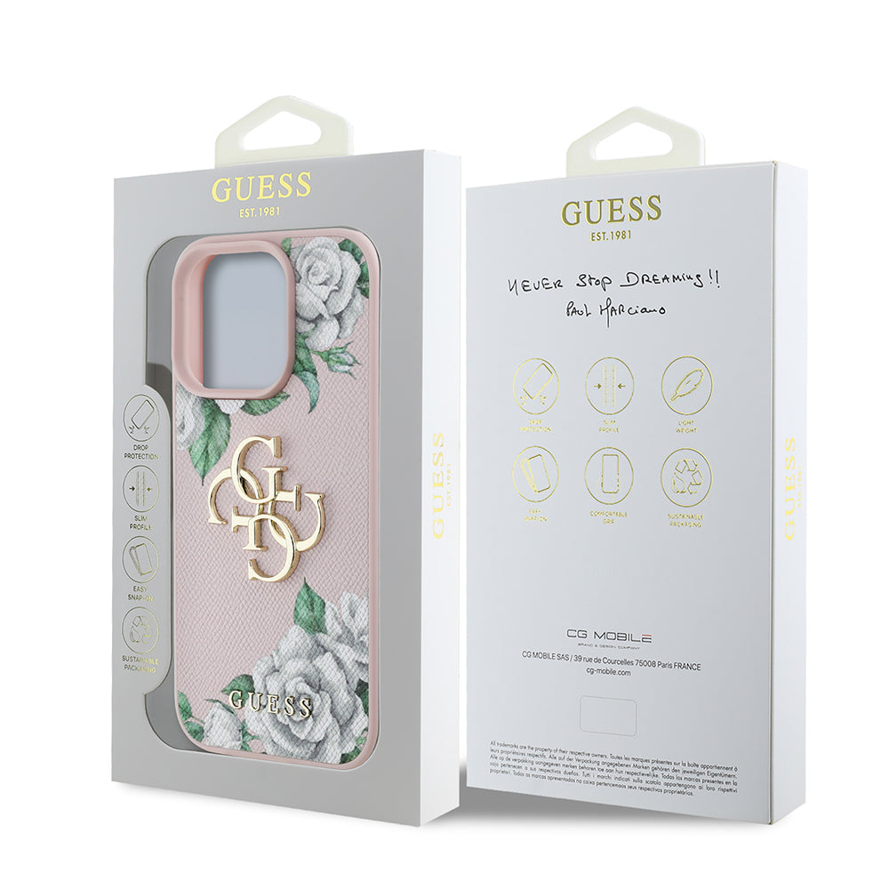Guess iPhone 16 Pro Max Orjinal Lisanslı Gül Baskılı Büyük Metal Logo Dizaynlı Kılıf