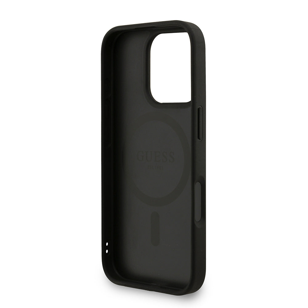 Guess iPhone 16 Pro Max Orjinal Lisanslı Magsafe PU Deri Bilek Askı İpli Yazı Logolu Telefon Kılıfı