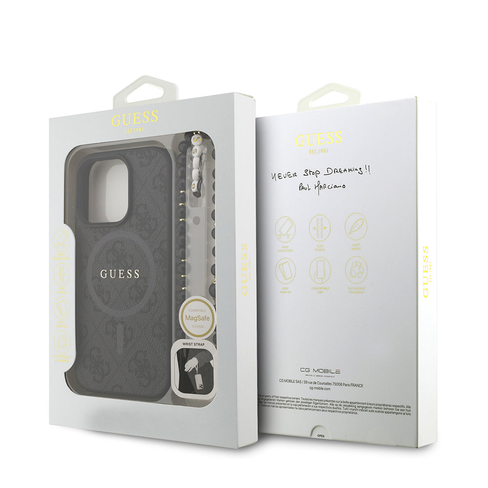 Guess iPhone 16 Pro Max Orjinal Lisanslı Magsafe PU Deri Bilek Askı İpli Yazı Logolu Telefon Kılıfı