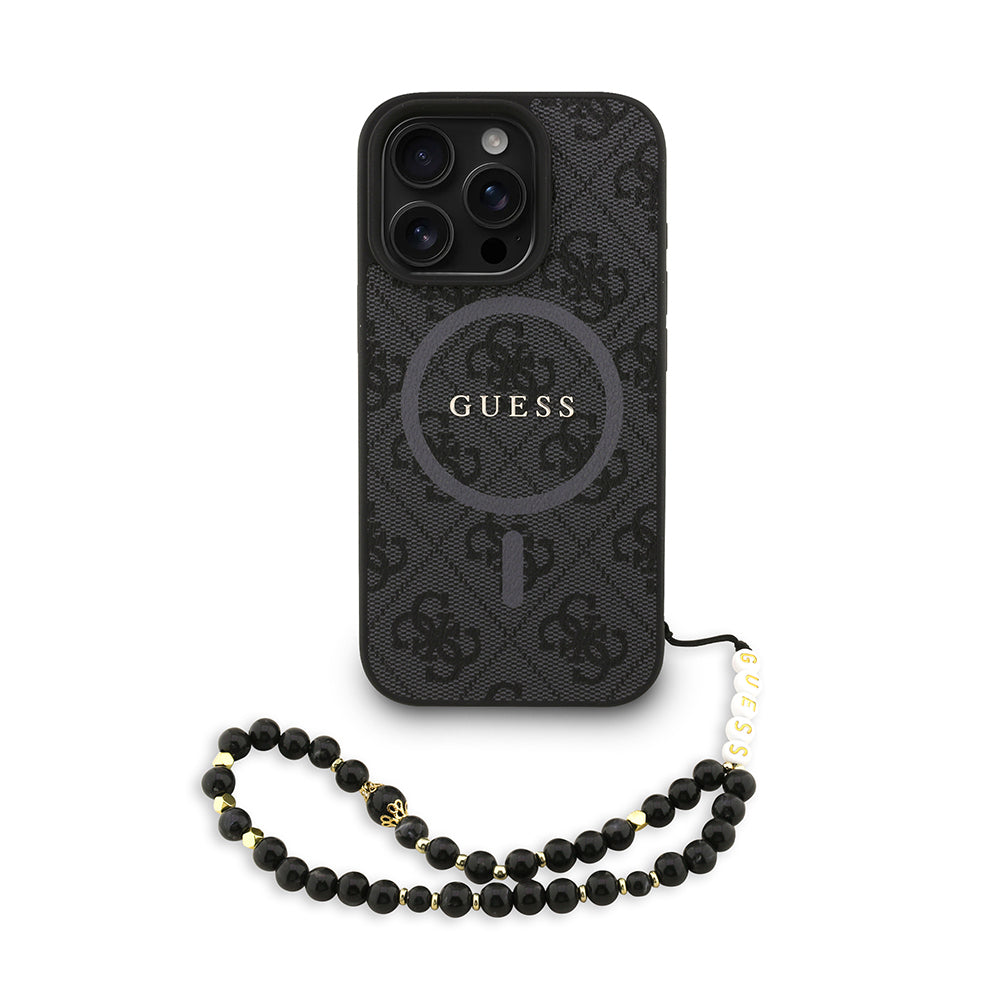 Guess iPhone 16 Pro Max Orjinal Lisanslı Magsafe PU Deri Bilek Askı İpli Yazı Logolu Telefon Kılıfı