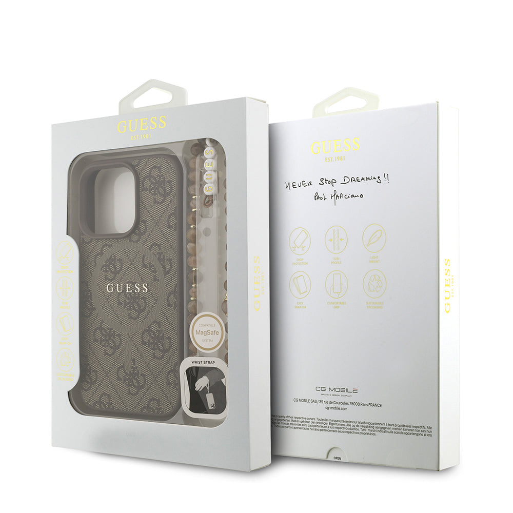 Guess iPhone 16 Pro Max Orjinal Lisanslı Magsafe PU Deri Bilek Askı İpli Yazı Logolu Telefon Kılıfı