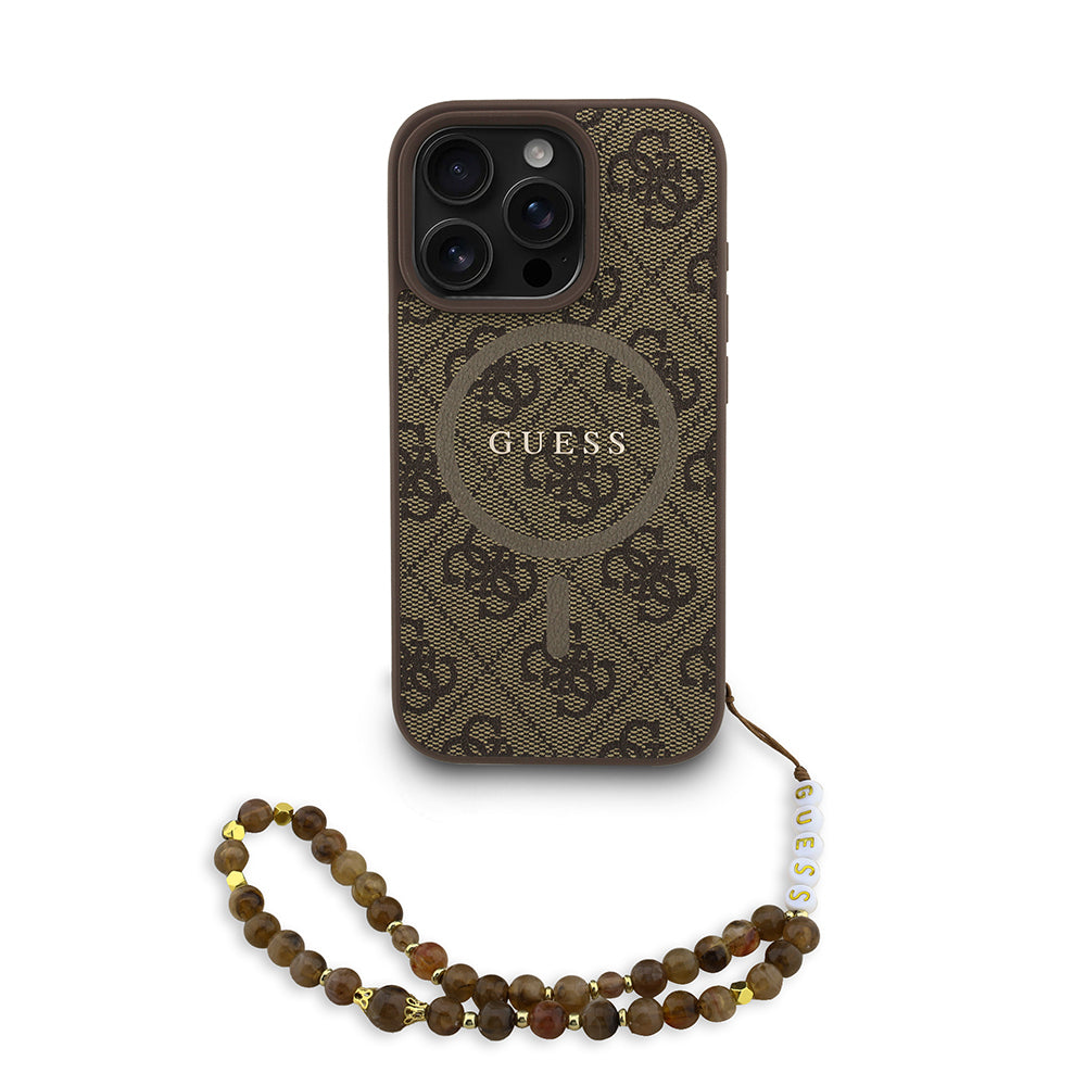 Guess iPhone 16 Pro Max Orjinal Lisanslı Magsafe PU Deri Bilek Askı İpli Yazı Logolu Telefon Kılıfı