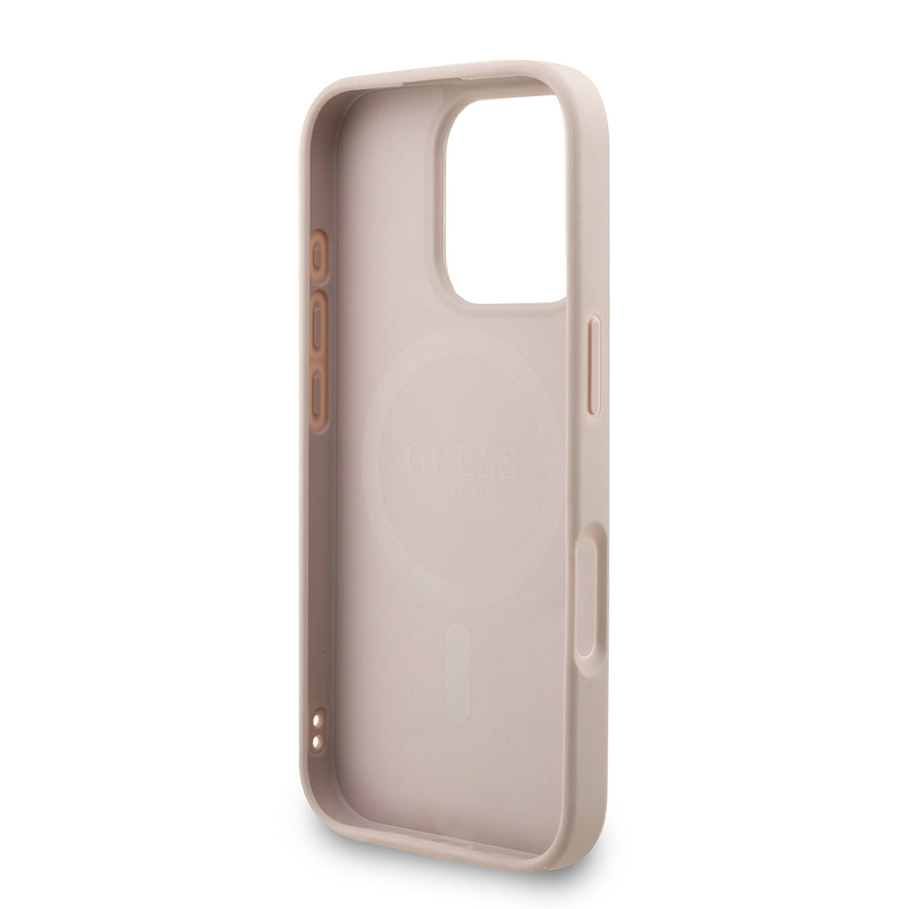 Guess iPhone 16 Pro Max Orjinal Lisanslı Magsafe PU Deri Bilek Askı İpli Yazı Logolu Telefon Kılıfı