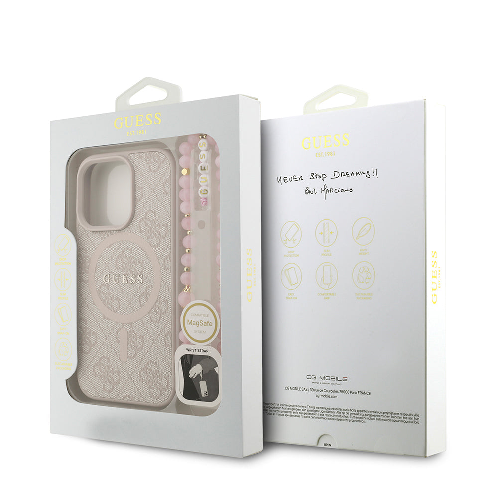 Guess iPhone 16 Pro Max Orjinal Lisanslı Magsafe PU Deri Bilek Askı İpli Yazı Logolu Telefon Kılıfı