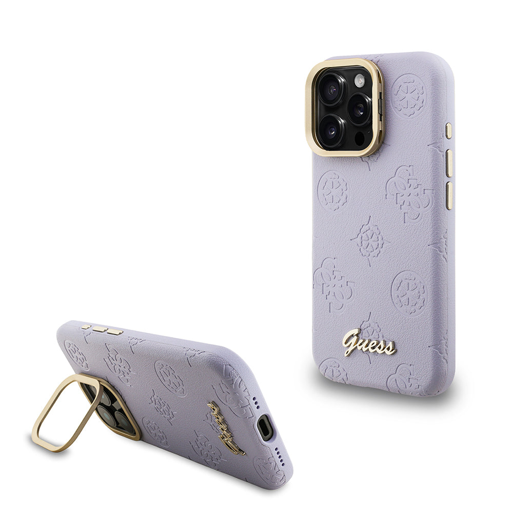 Guess iPhone 16 Pro Max Orjinal Lisanslı Magsafe Sıcak Baskılı Yazı Logolu Kamera Standlı PU Deri Peony Telefon Kılıfı