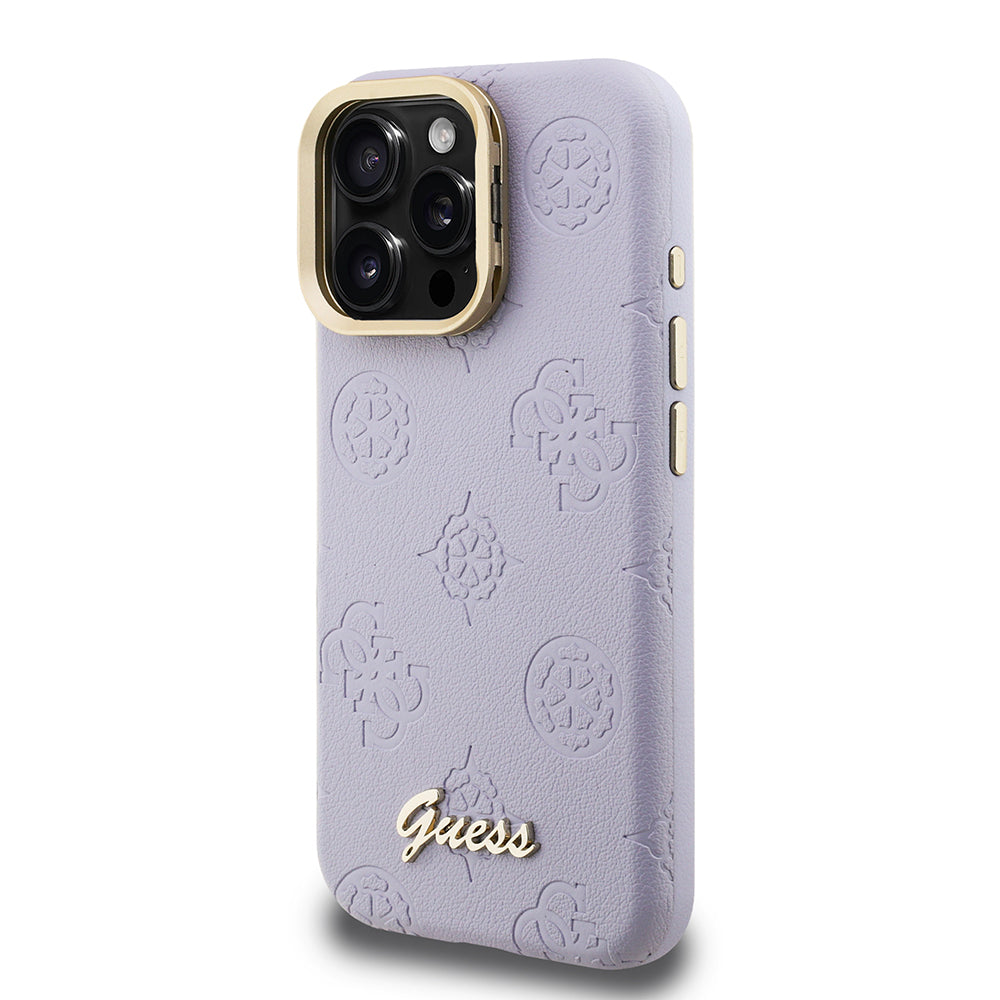 Guess iPhone 16 Pro Max Orjinal Lisanslı Magsafe Sıcak Baskılı Yazı Logolu Kamera Standlı PU Deri Peony Telefon Kılıfı
