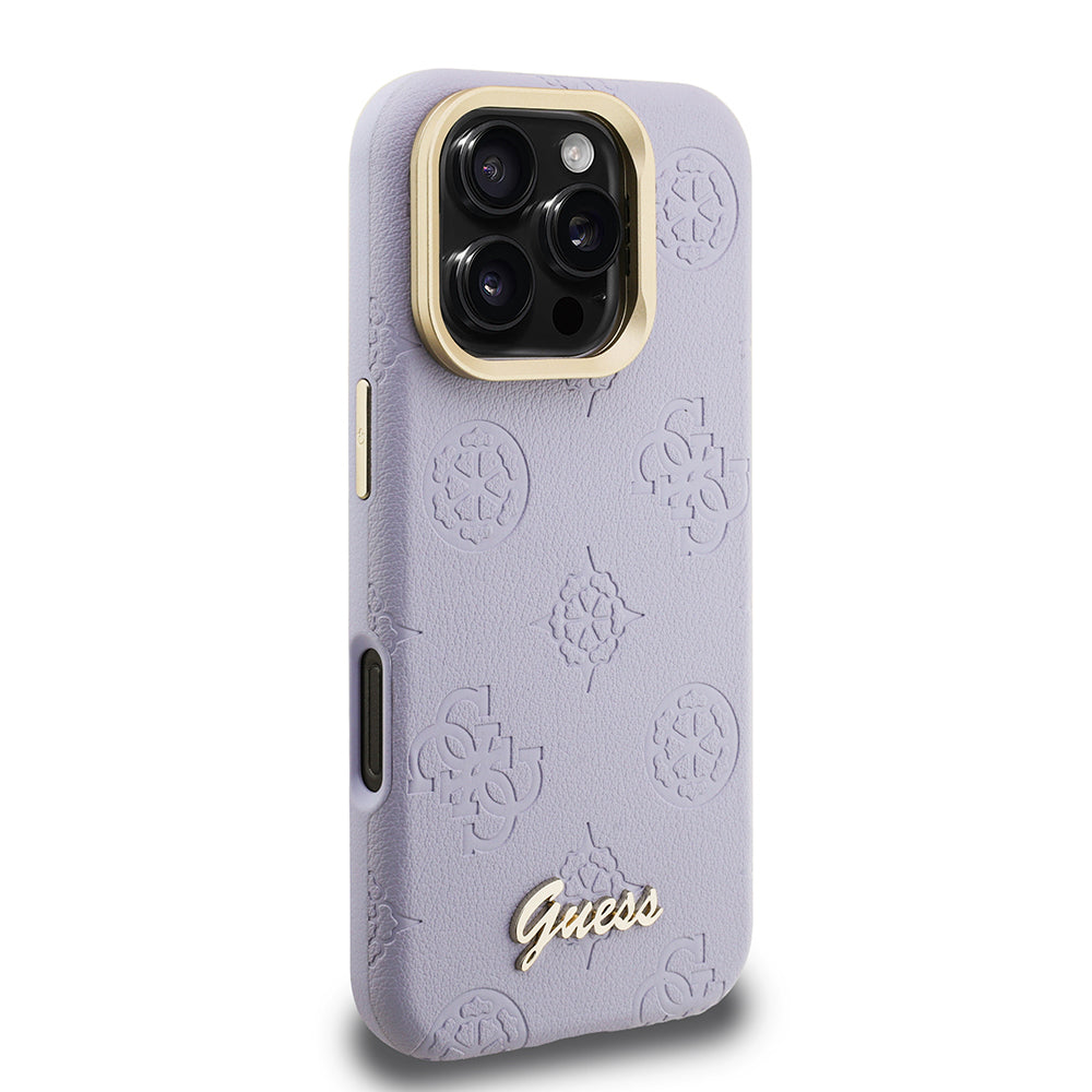 Guess iPhone 16 Pro Max Orjinal Lisanslı Magsafe Sıcak Baskılı Yazı Logolu Kamera Standlı PU Deri Peony Telefon Kılıfı