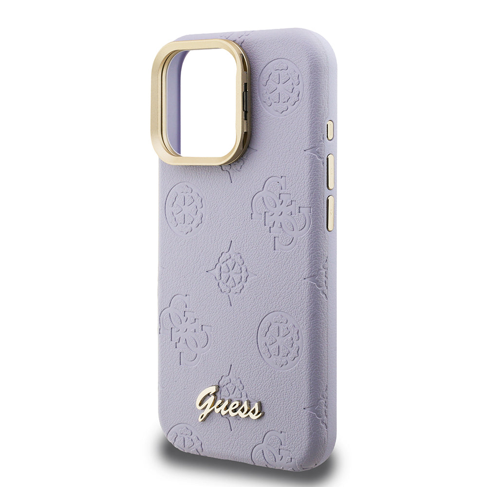 Guess iPhone 16 Pro Max Orjinal Lisanslı Magsafe Sıcak Baskılı Yazı Logolu Kamera Standlı PU Deri Peony Telefon Kılıfı