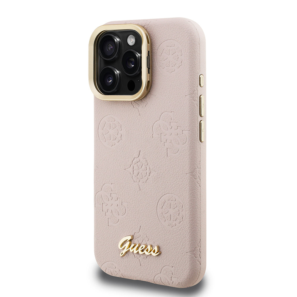 Guess iPhone 16 Pro Max Orjinal Lisanslı Magsafe Sıcak Baskılı Yazı Logolu Kamera Standlı PU Deri Peony Telefon Kılıfı