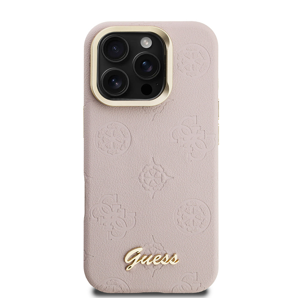 Guess iPhone 16 Pro Max Orjinal Lisanslı Magsafe Sıcak Baskılı Yazı Logolu Kamera Standlı PU Deri Peony Telefon Kılıfı