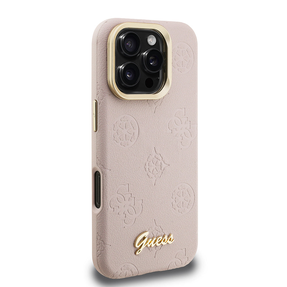 Guess iPhone 16 Pro Max Orjinal Lisanslı Magsafe Sıcak Baskılı Yazı Logolu Kamera Standlı PU Deri Peony Telefon Kılıfı