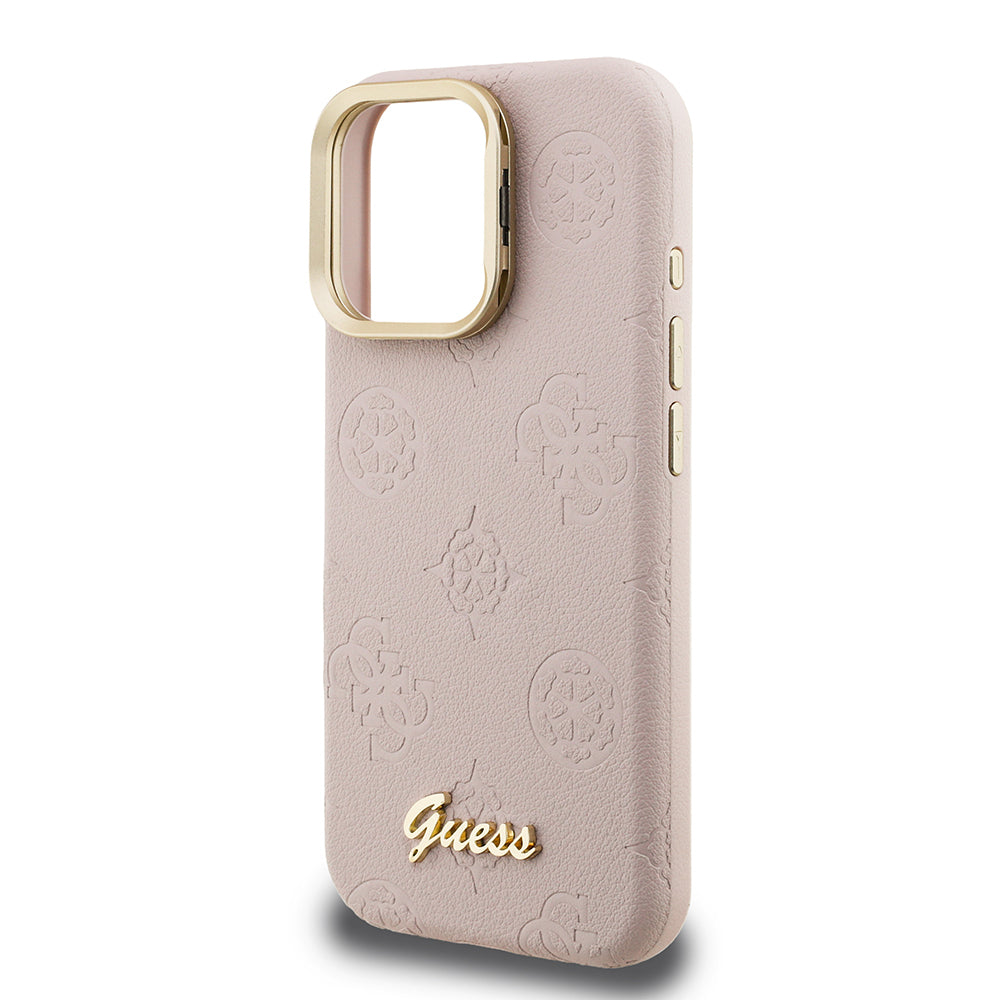 Guess iPhone 16 Pro Max Orjinal Lisanslı Magsafe Sıcak Baskılı Yazı Logolu Kamera Standlı PU Deri Peony Telefon Kılıfı