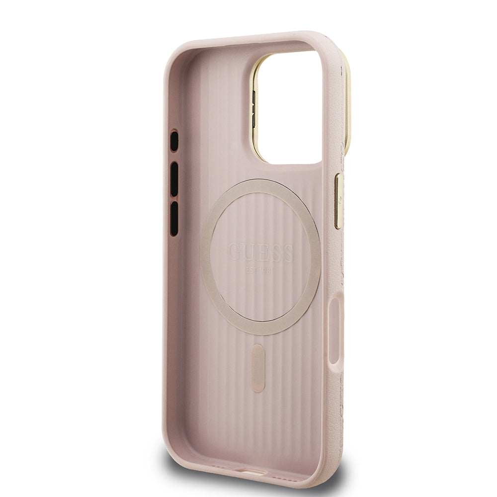 Guess iPhone 16 Pro Max Orjinal Lisanslı Magsafe Sıcak Baskılı Yazı Logolu Kamera Standlı PU Deri Peony Telefon Kılıfı