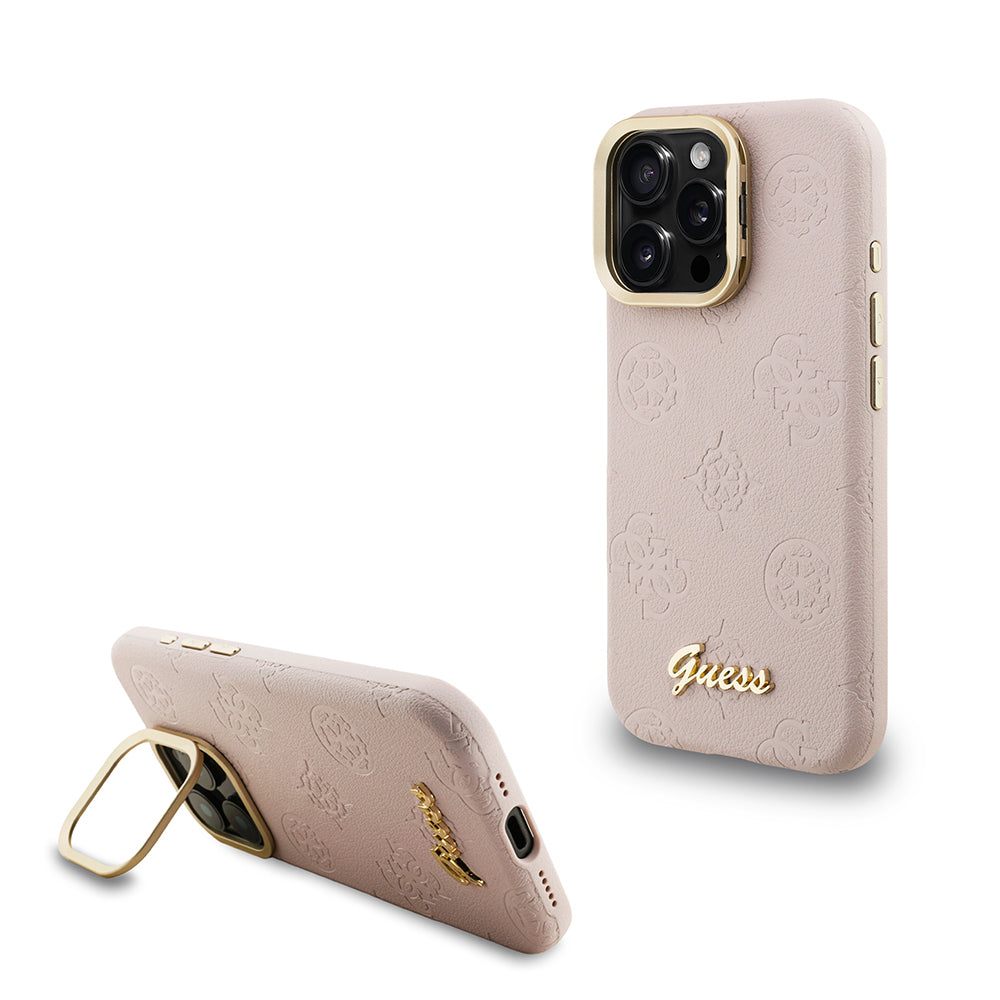 Guess iPhone 16 Pro Max Orjinal Lisanslı Magsafe Sıcak Baskılı Yazı Logolu Kamera Standlı PU Deri Peony Telefon Kılıfı