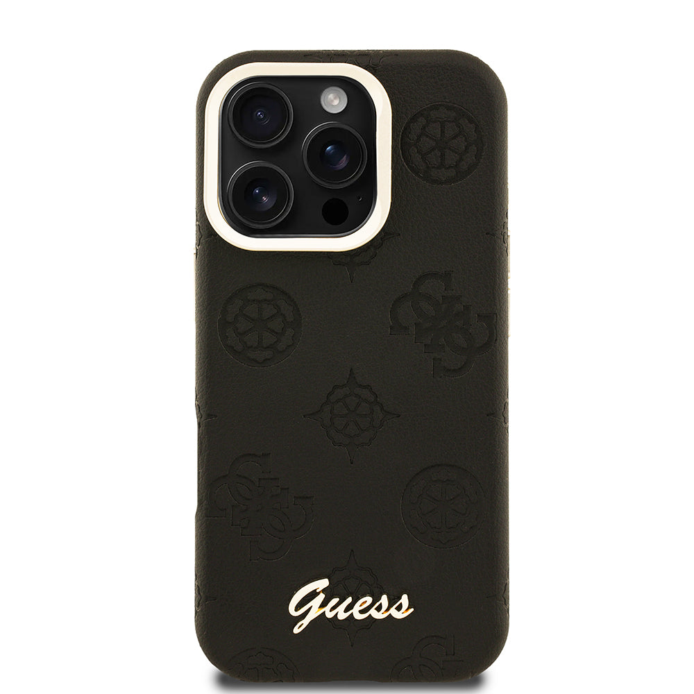 Guess iPhone 16 Pro Max Orjinal Lisanslı Magsafe Sıcak Baskılı Yazı Logolu Kamera Standlı PU Deri Peony Telefon Kılıfı