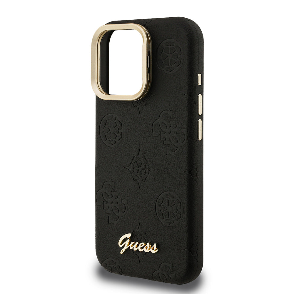 Guess iPhone 16 Pro Max Orjinal Lisanslı Magsafe Sıcak Baskılı Yazı Logolu Kamera Standlı PU Deri Peony Telefon Kılıfı