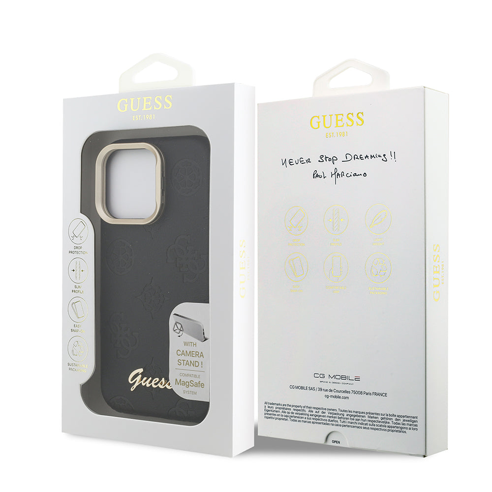 Guess iPhone 16 Pro Max Orjinal Lisanslı Magsafe Sıcak Baskılı Yazı Logolu Kamera Standlı PU Deri Peony Telefon Kılıfı