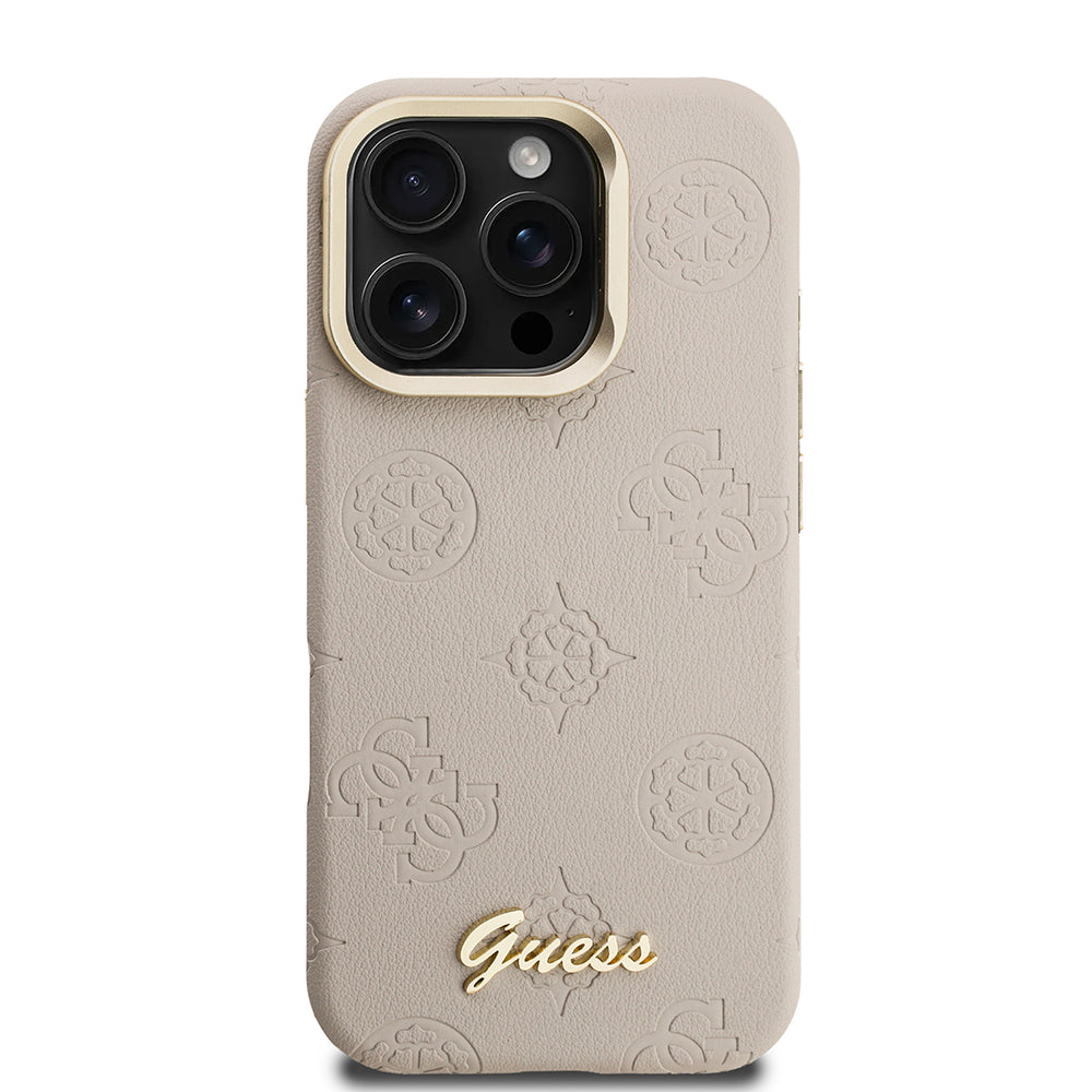 Guess iPhone 16 Pro Max Orjinal Lisanslı Magsafe Sıcak Baskılı Yazı Logolu Kamera Standlı PU Deri Peony Telefon Kılıfı