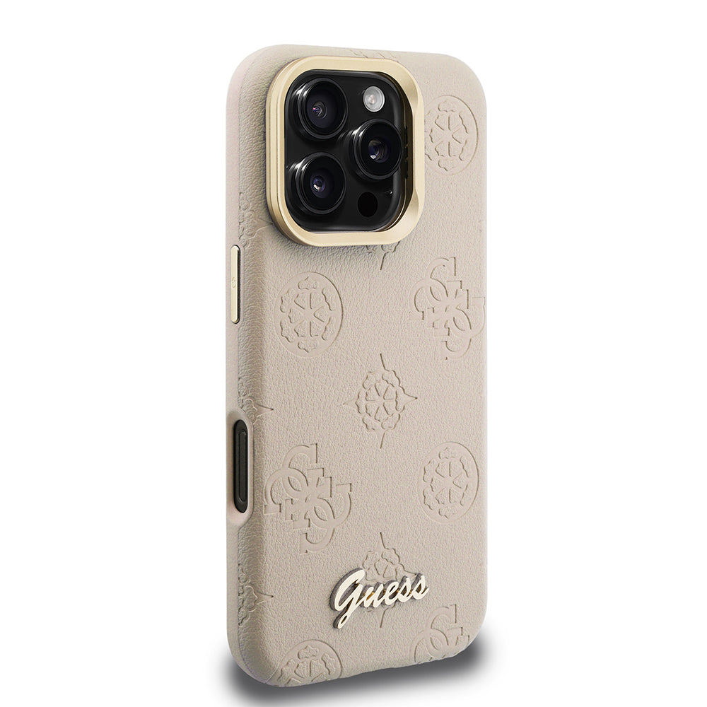 Guess iPhone 16 Pro Max Orjinal Lisanslı Magsafe Sıcak Baskılı Yazı Logolu Kamera Standlı PU Deri Peony Telefon Kılıfı