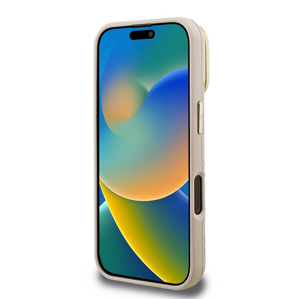 Guess iPhone 16 Pro Max Orjinal Lisanslı Magsafe Sıcak Baskılı Yazı Logolu Kamera Standlı PU Deri Peony Telefon Kılıfı