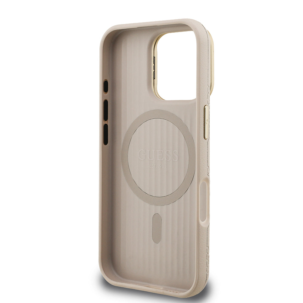 Guess iPhone 16 Pro Max Orjinal Lisanslı Magsafe Sıcak Baskılı Yazı Logolu Kamera Standlı PU Deri Peony Telefon Kılıfı