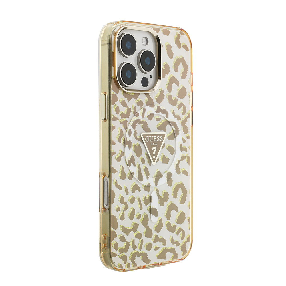 Guess iPhone 16 Pro Max Orjinal Lisanslı M-safe Şarj Özellikli Üçgen Logolu Simli Leopar Desenli Kılıf