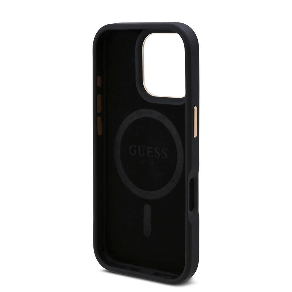 Guess iPhone 16 Pro Max Orjinal Lisanslı Magsafe Şarj Özellikli 4G Desenli PU Metal Plaka Klasik Logolu Telefon Kılıfı