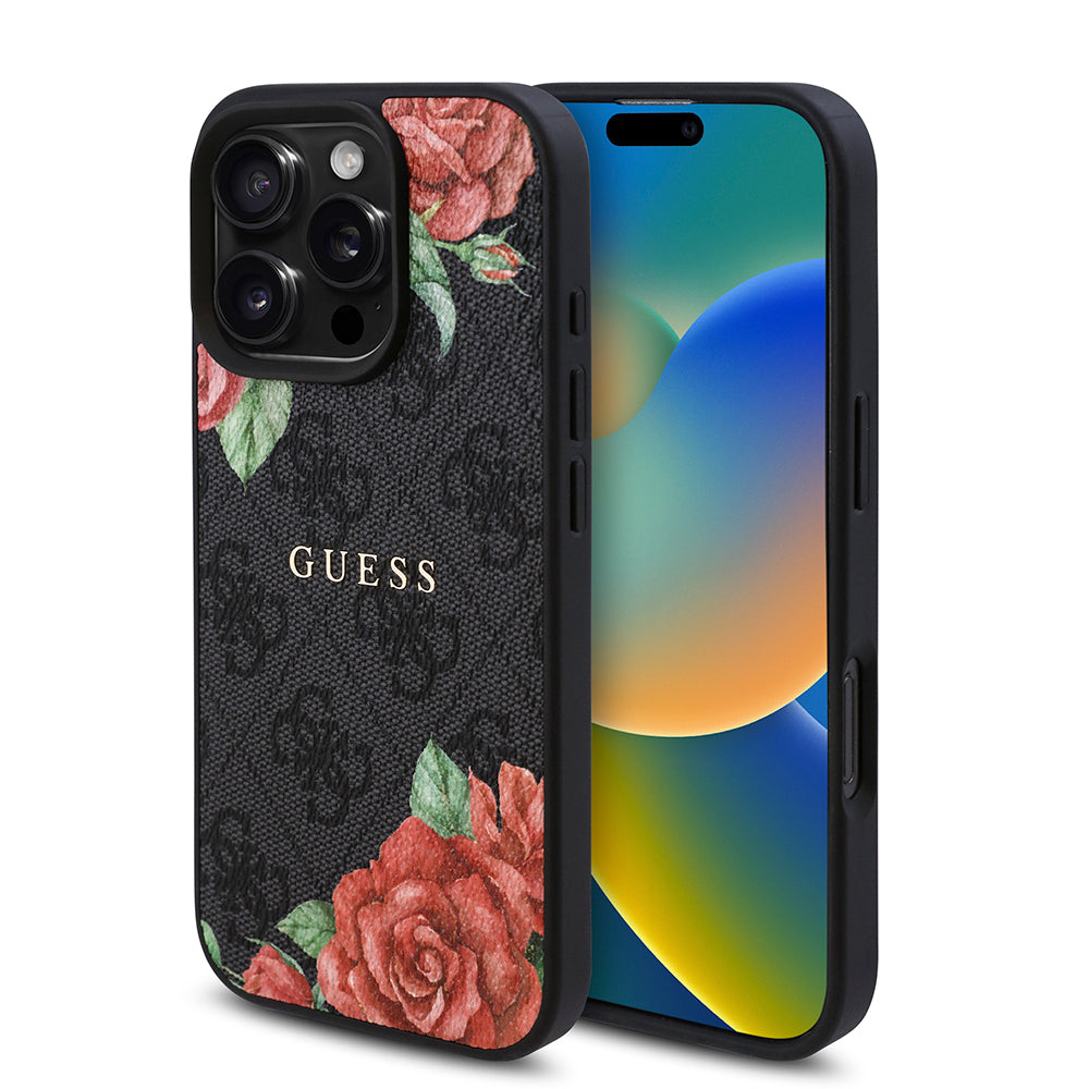 Guess iPhone 16 Pro Max Orjinal Lisanslı M-safe Şarj Özellikli Gül Baskılı 4G Desenli Yazı Logolu Kılıf