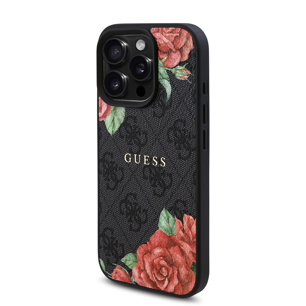 Guess iPhone 16 Pro Max Orjinal Lisanslı M-safe Şarj Özellikli Gül Baskılı 4G Desenli Yazı Logolu Kılıf